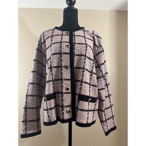 Vintage Castleberry Knit Pink Plaid Black and Gold Buttons Size L